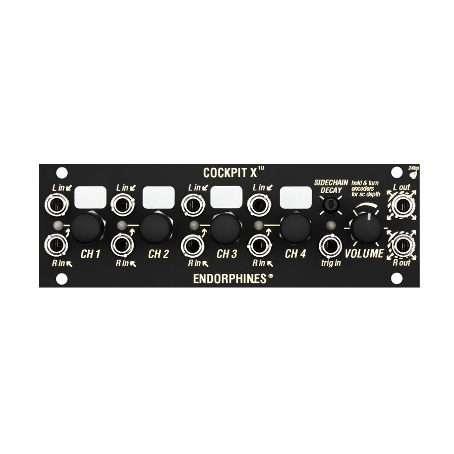 Black Eurorack module with four channels, input and output jacks, knobs, and rotary encoders labeled Cockpit X 1U.