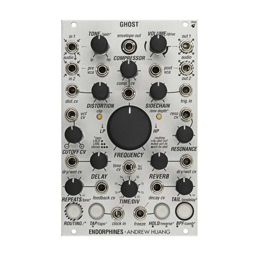 Silver eurorack module with multiple knobs, jacks, buttons labeled Ghost by Endorphin.es and Andrew Huang.