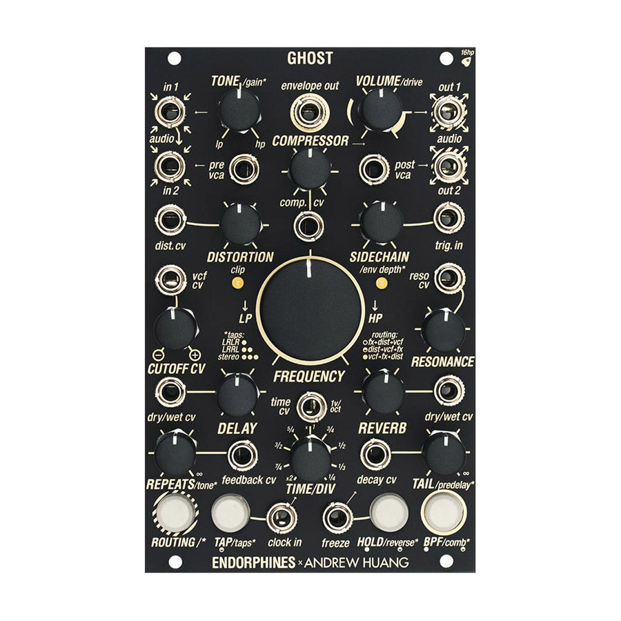Black eurorack module labeled Ghost with knobs, jack sockets, and buttons for audio and modulation control.