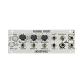 Silver eurorack module with knobs, switches, buttons, and multiple 1/8 inch audio jacks labeled with terms like rate, repeats, and reset.