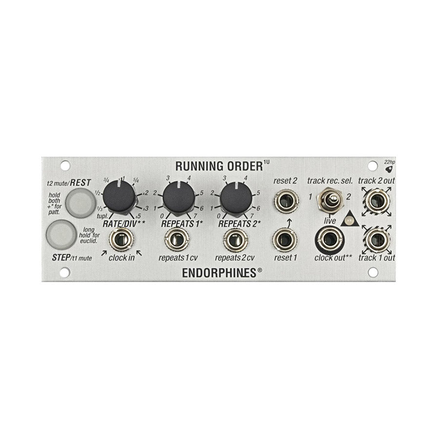Silver eurorack module with knobs, switches, buttons, and multiple 1/8 inch audio jacks labeled with terms like rate, repeats, and reset.