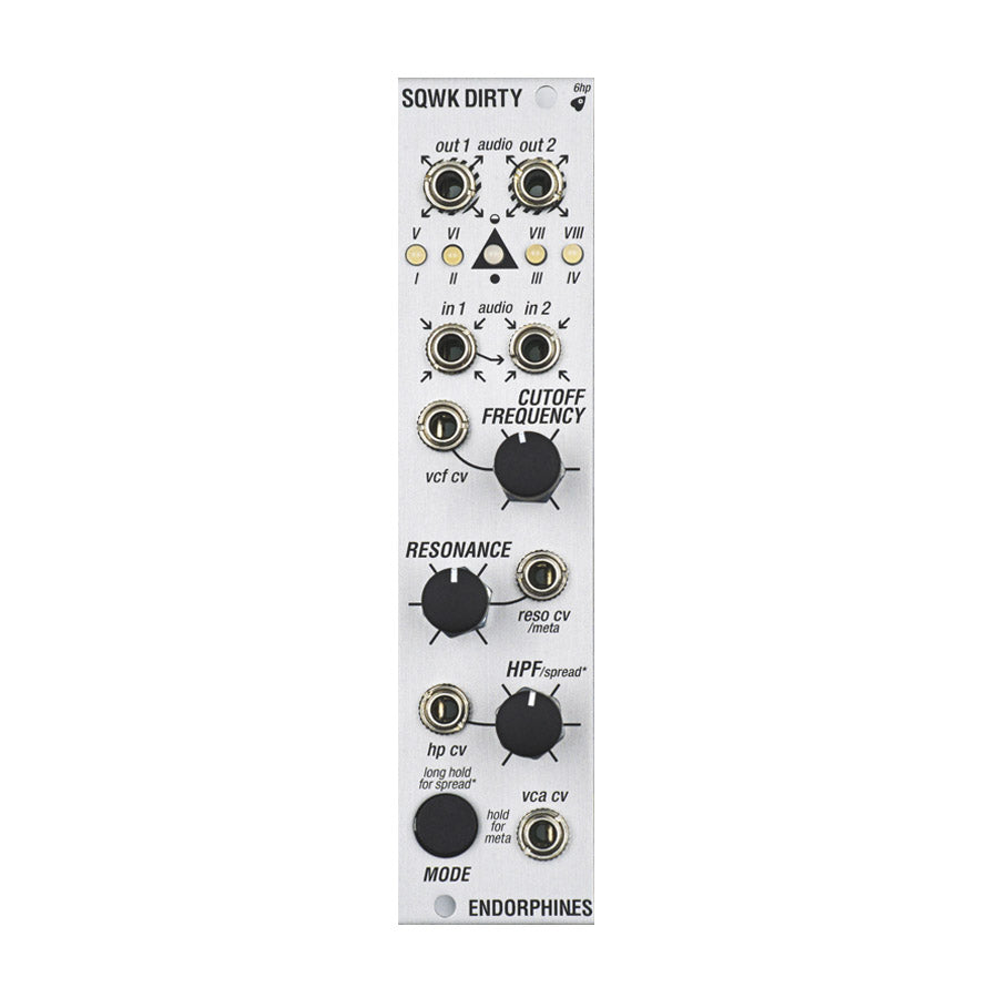 Silver Eurorack module with multiple knobs, jacks, and labeled controls including Cutoff Frequency and Resonance.