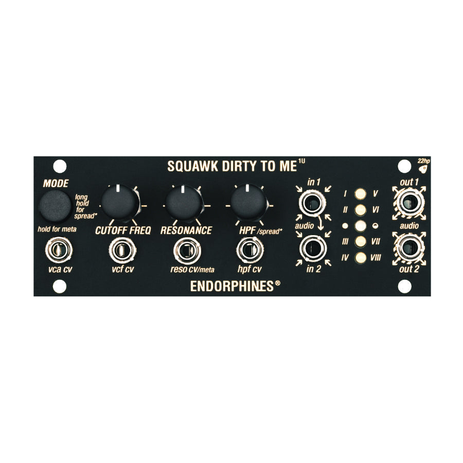 Black Endorphin.es Squawk Dirty To Me 1U eurorack module with knobs, jacks, and control text.