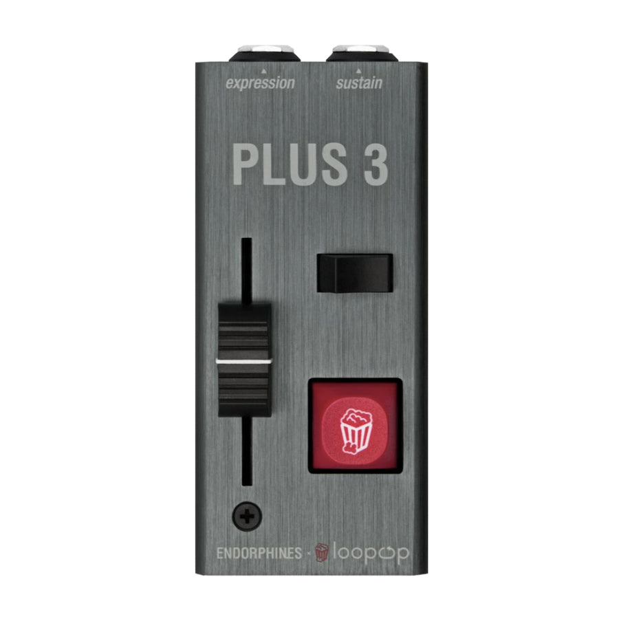 Black rectangular pedal with slider, toggle switch, and red button labeled with a popcorn icon.