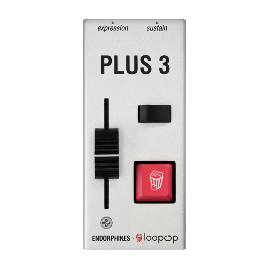 Silver pedal with vertical slider, small switch, and red push button labeled with a popcorn icon.
