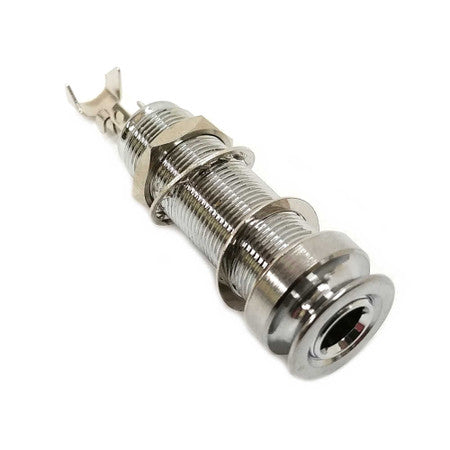 Chrome metal endpin jack connector with threaded body and mounting hardware.