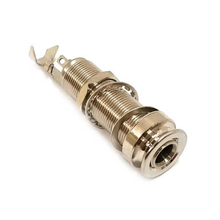 Metallic nickel 1/4 inch stereo endpin jack for musical instruments or audio equipment.