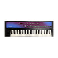 Black and purple keyboard synthesizer with white and black keys, multiple knobs, buttons, and wheels on top panel.