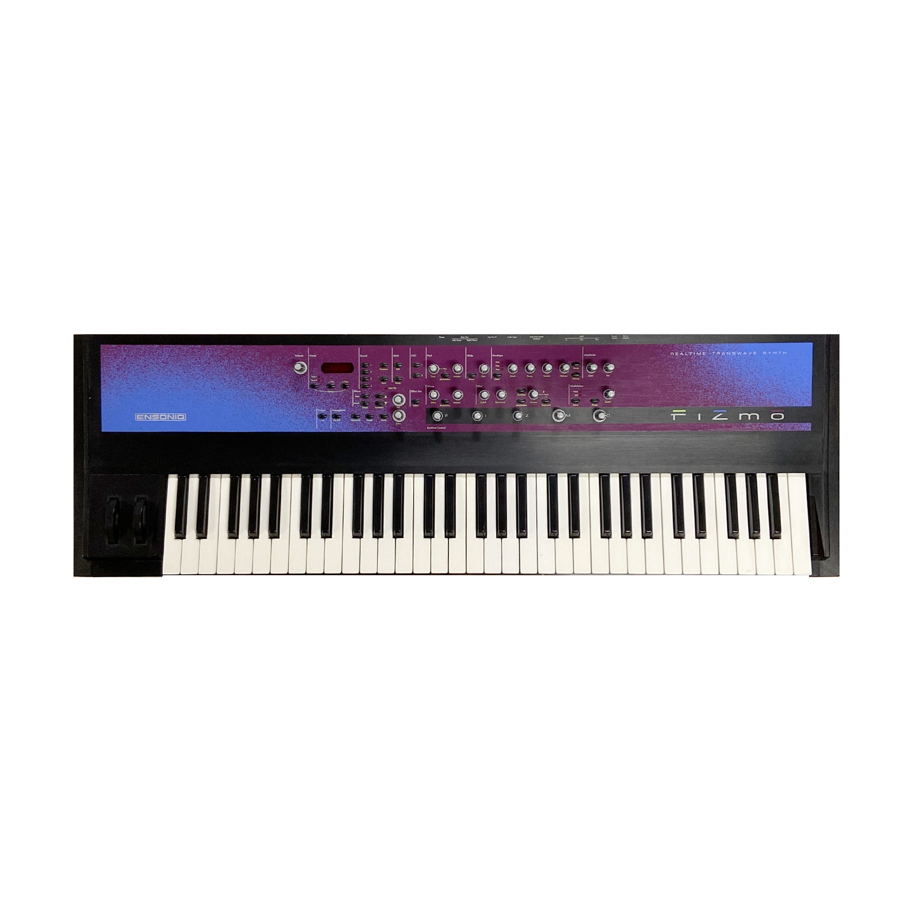 Black and purple keyboard synthesizer with white and black keys, multiple knobs, buttons, and wheels on top panel.