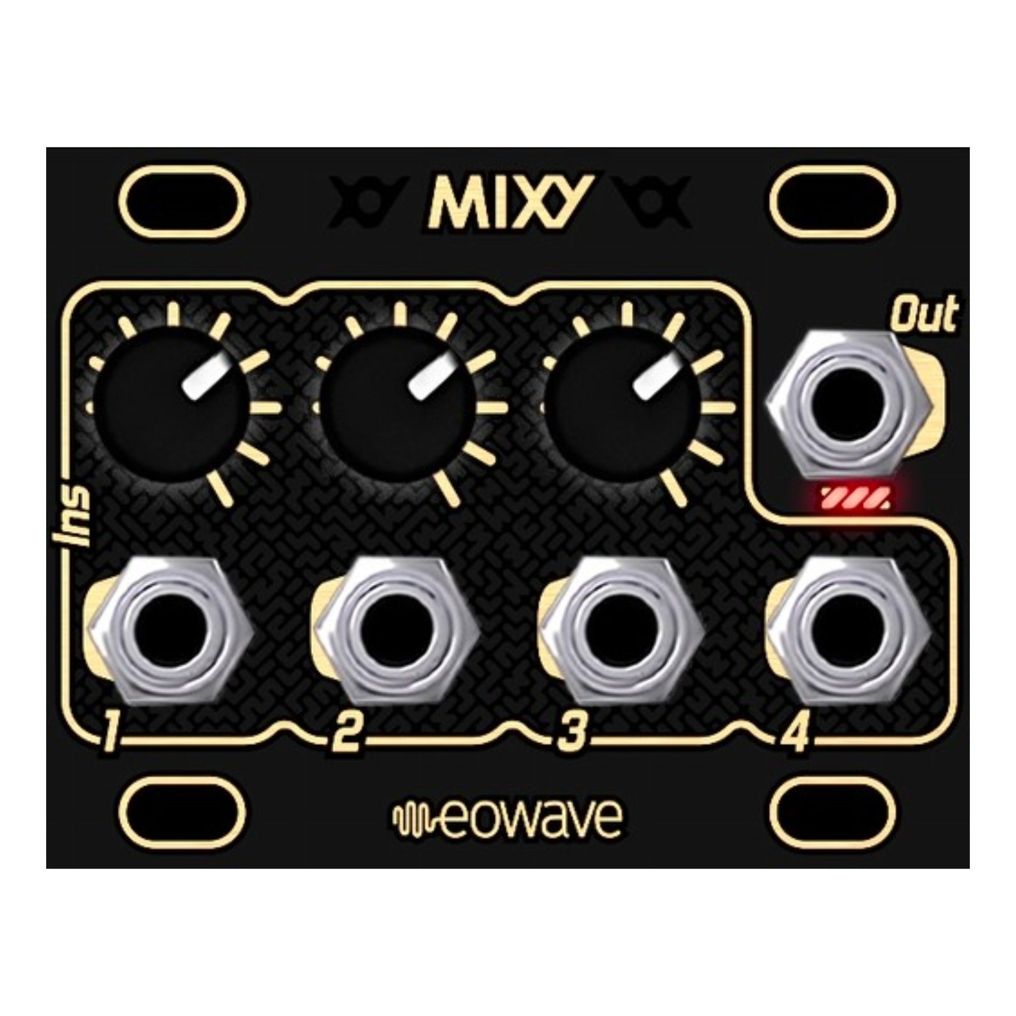 Black audio mixer module with three rotary knobs, four input jacks, and one output jack labeled 'Out'.