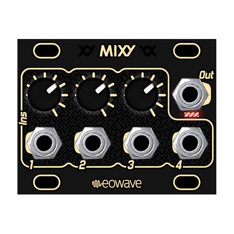 Black eurorack module with three control knobs, four input jacks, and one output jack labeled Mixy by eowave.