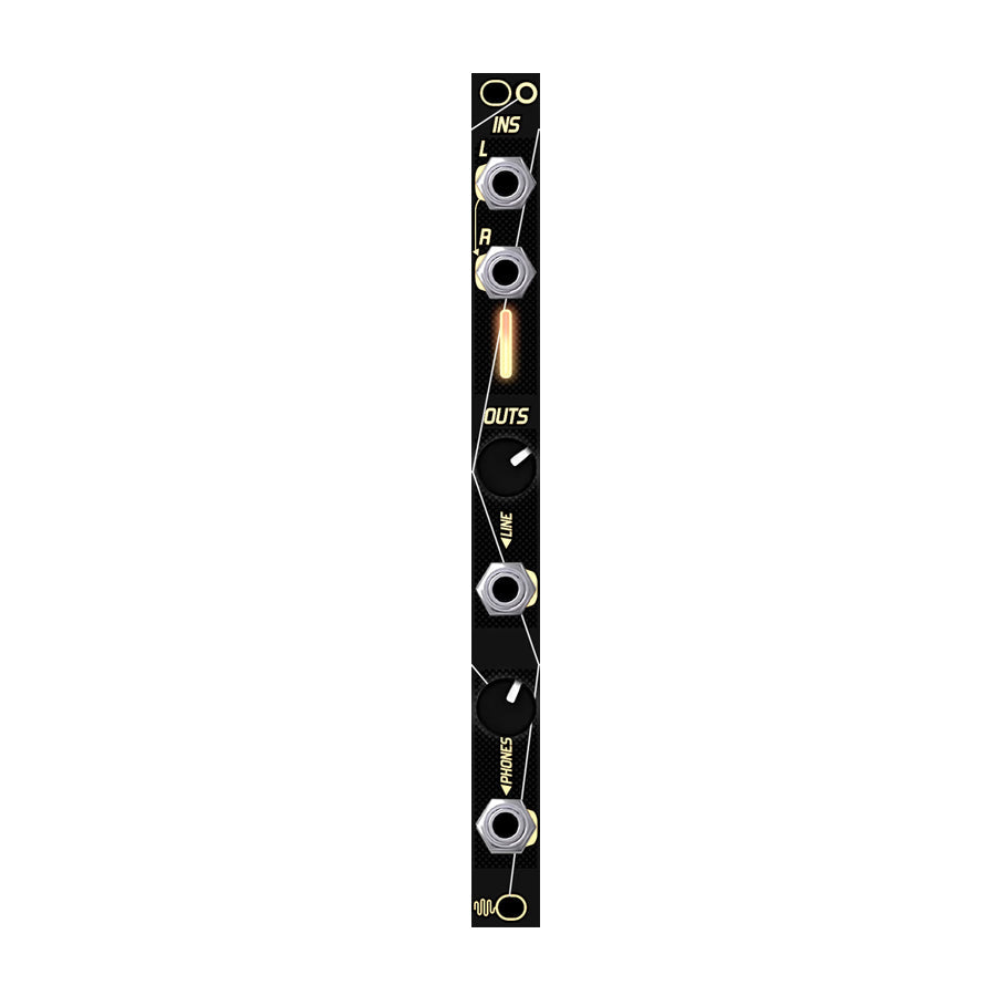 Slim black eurorack module with four jacks, two knobs, and labeled inputs and outputs.