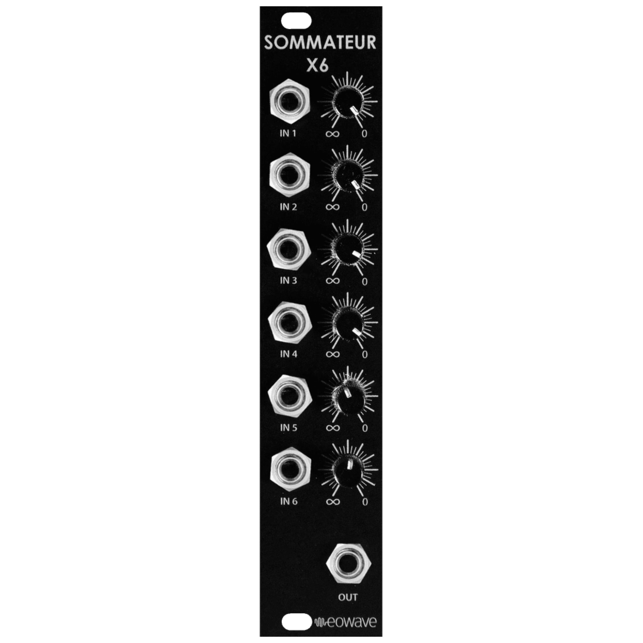 Black mixer module with six input jacks and knobs plus one output jack, labeled SOMMATEUR X6 by eowave.