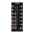 Black Eurorack mixer module with multiple input and output jacks, knobs for pan and levels, and LED indicators.