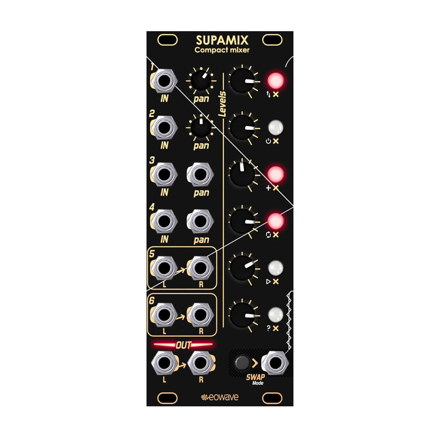 Black Eurorack mixer module with multiple input and output jacks, knobs for pan and levels, and LED indicators.