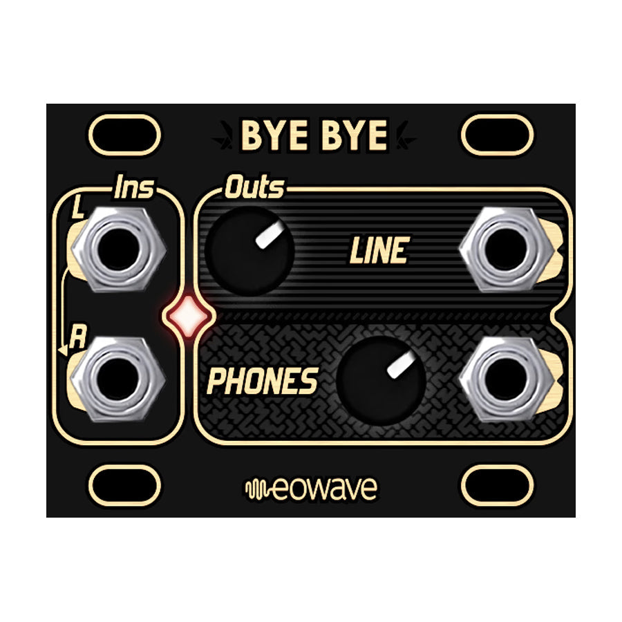 Black audio module panel with jacks labeled Ins, Outs, knobs for Line and Phones, and eowave branding.