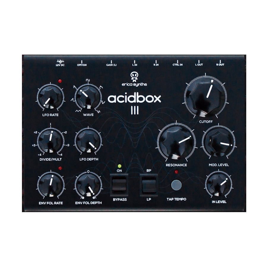 Black Erica Synths Acidbox III module with knobs, switches, inputs, and outputs on front panel