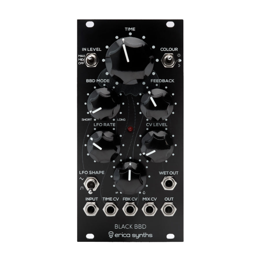 Black Erica Synths Black BBD eurorack module with knobs, toggle switches, and multiple 1/8 inch audio jacks.