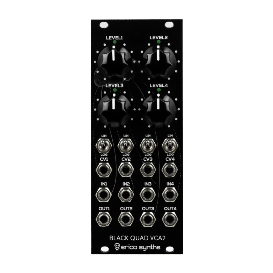 Black Erica Synths Black Quad VCA2 module with four level knobs, toggle switches, and input/output jacks.
