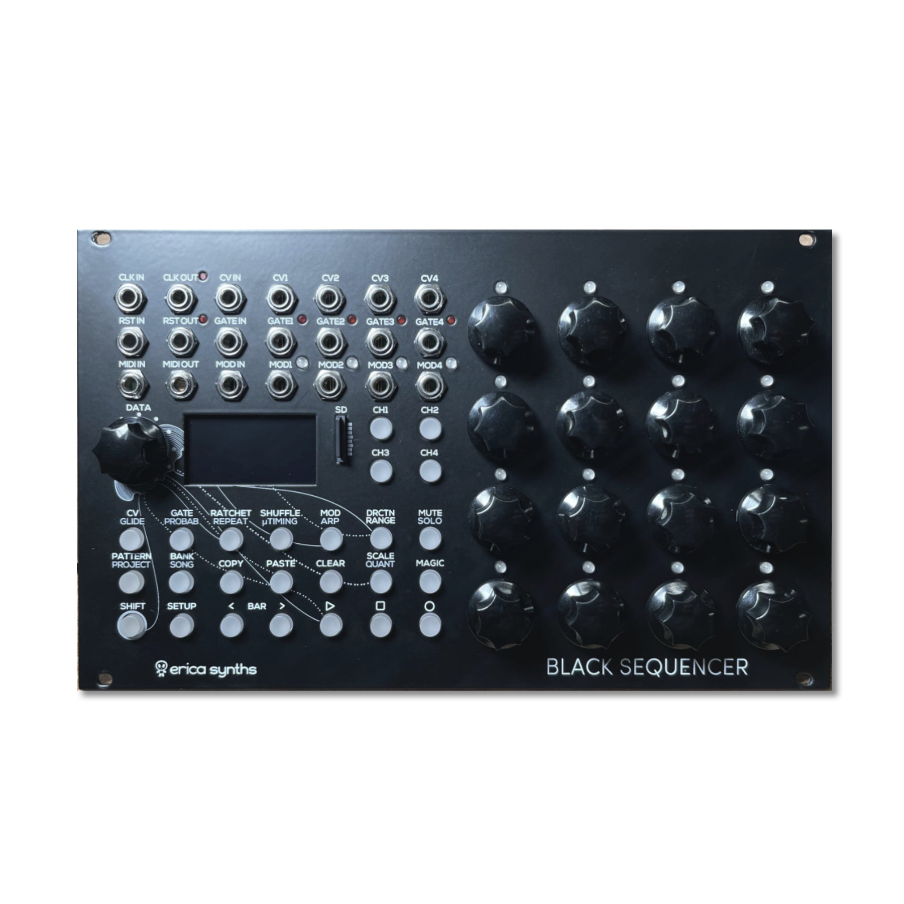 Black rectangular synthesizer sequencer panel with numerous rotary knobs, push buttons, jacks, and a small display screen.