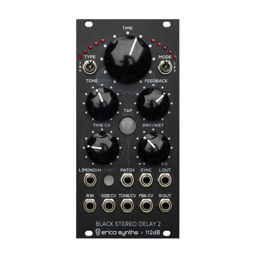 Black eurorack module with knobs, toggle switches, jacks, and labeled controls from Erica Synths Black Stereo Delay 2 series.