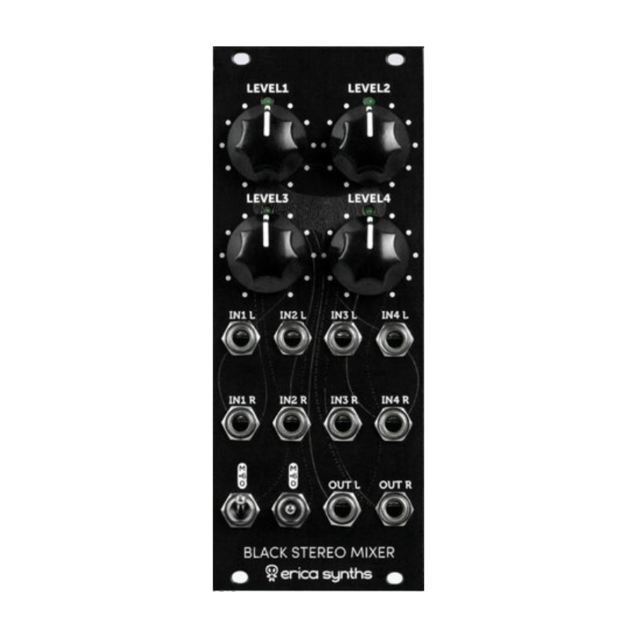 Black stereo mixer module with 4 level knobs, 12 audio jacks, and 2 toggle switches on black panel.