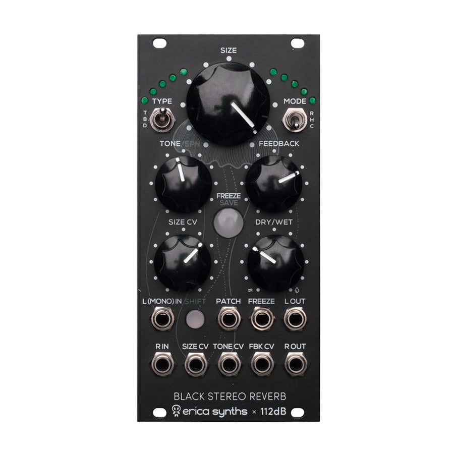 Black eurorack module with knobs, switches, and audio jacks labeled Black Stereo Reverb by erica synths.