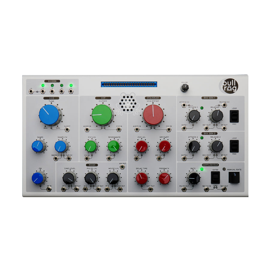 Top view of a white Erica Synths Bullfrog synthesizer with colorful knobs and multiple input/output jacks.