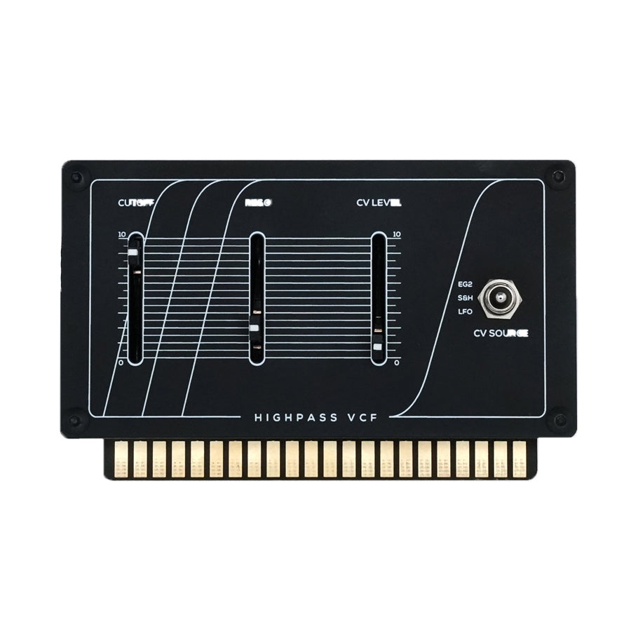Black electronic module with three sliders, a rotary switch, and gold edge connector labeled Highpass VCF.