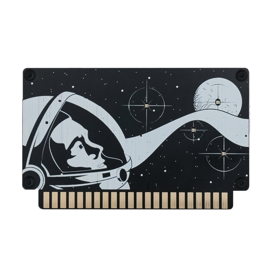 Black circuit board with white astronaut and space design and gold edge connector pins.