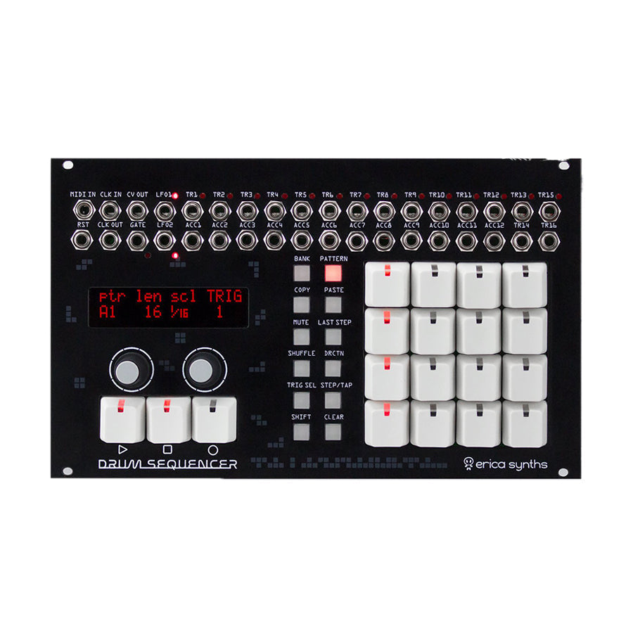 Black Erica Synths drum sequencer module with white pads, rotary knobs, and red indicator LEDs.