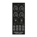 Black eurorack module with knobs, toggle switches, LEDs, and multiple audio jacks labeled for stereo compression.