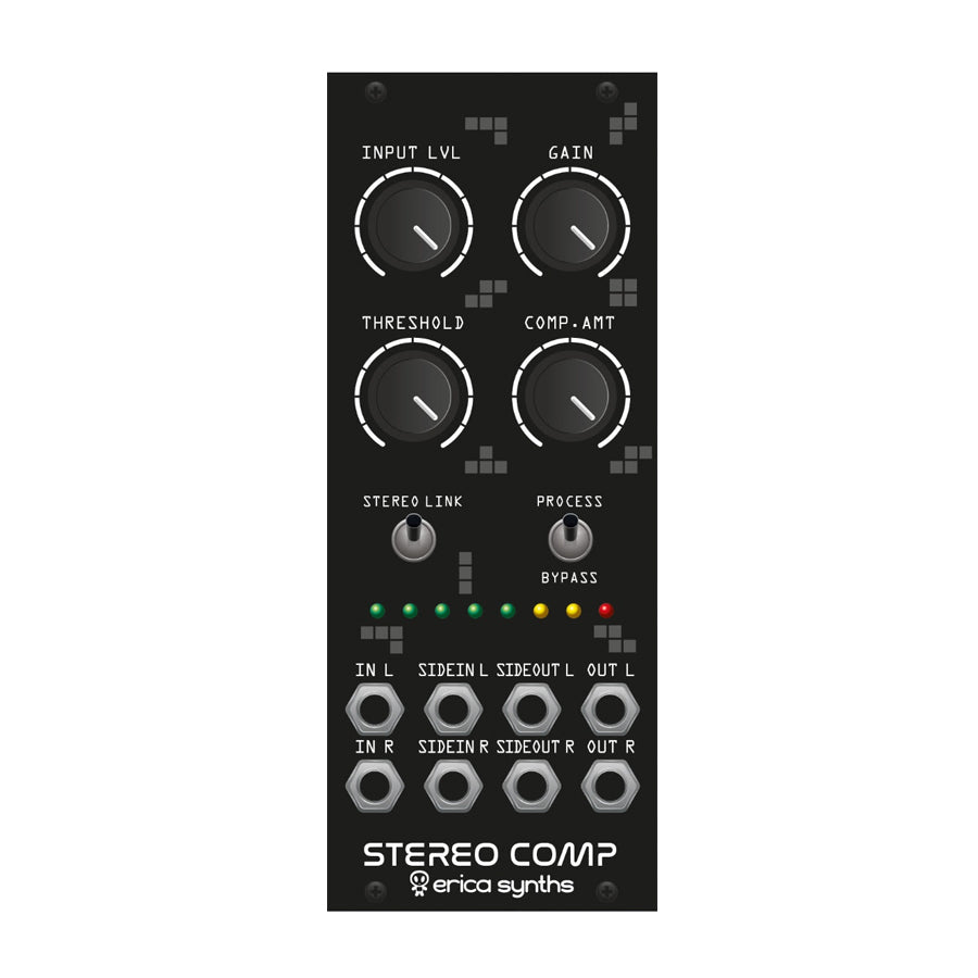 Black eurorack module with knobs, toggle switches, LEDs, and multiple audio jacks labeled for stereo compression.