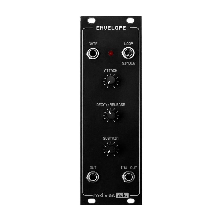 Black Eurorack module with three knobs, one toggle switch, four 3.5mm jacks, and red LED labeled Envelope.