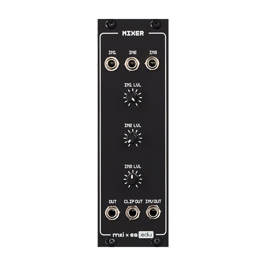 Black eurorack module with 3 input jacks, 3 level knobs, and 3 output jacks labeled Mixer.