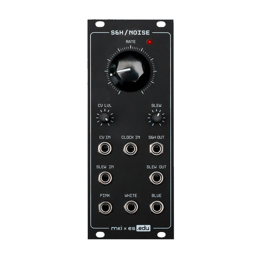 Black Eurorack module with knobs and 3.5mm jack connectors labeled S&H/NOISE.
