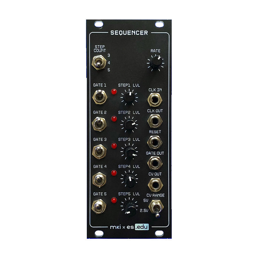 Black sequencer module with five gate inputs, five level knobs, toggle switches, and multiple jack sockets on front panel.