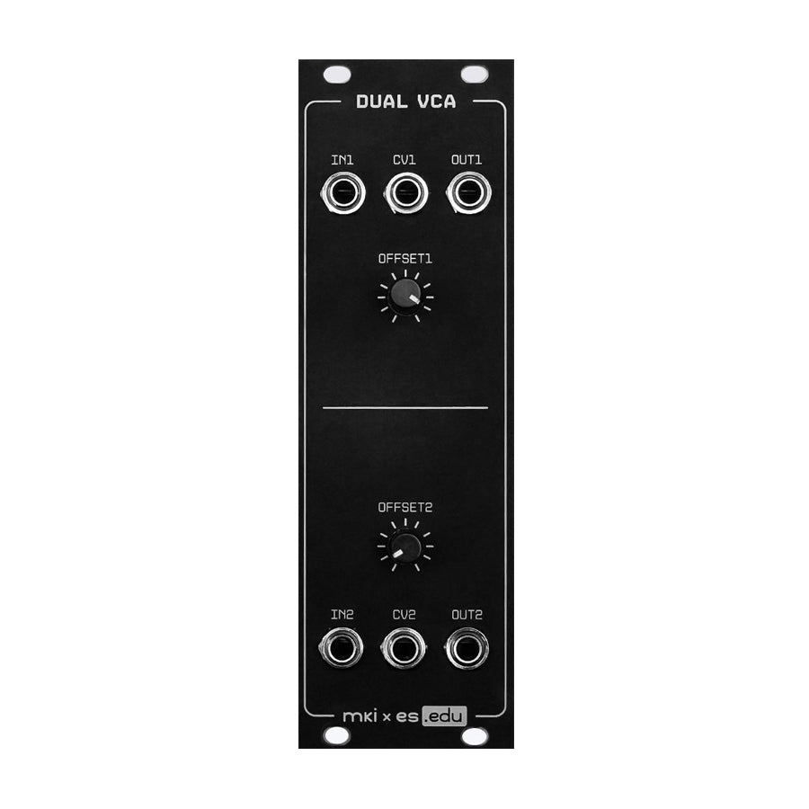 Black eurorack panel with labeled inputs, outputs, two knobs, and six 3.5mm jacks arranged vertically.