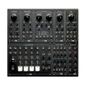 Black modular synth panel with drum modules, sequencer, mixer, and compressor controls with multiple knobs and jacks.