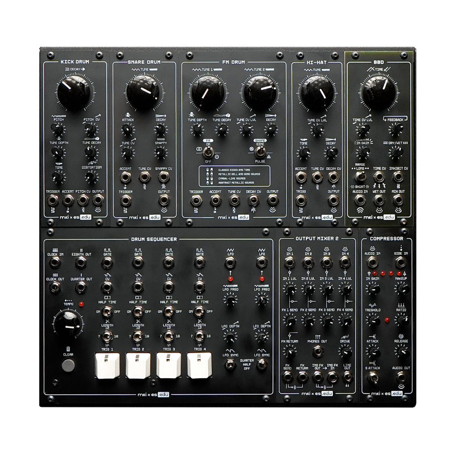 Black modular synth panel with drum modules, sequencer, mixer, and compressor controls with multiple knobs and jacks.