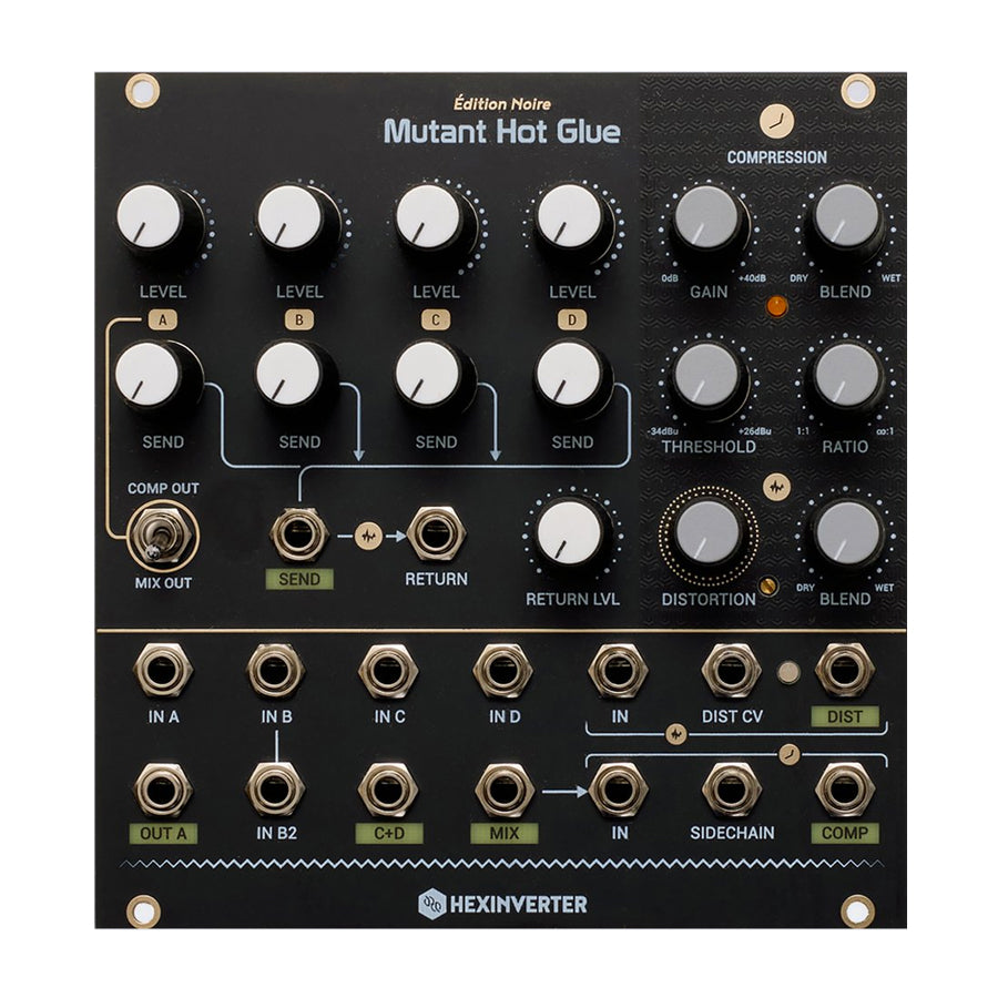Black Hexinverter Mutant Hot Glue eurorack module with multiple knobs, jacks, and toggle switch.