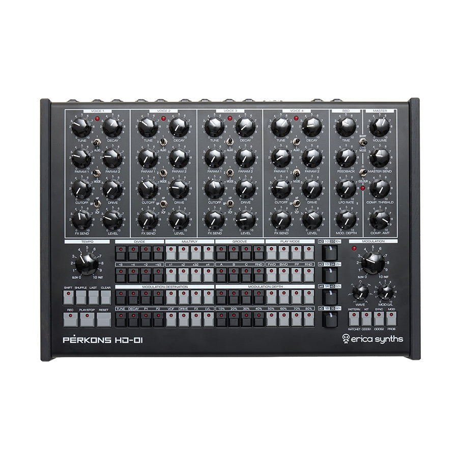 Black electronic device with multiple knobs, buttons, and switches labeled with voice and modulation controls.