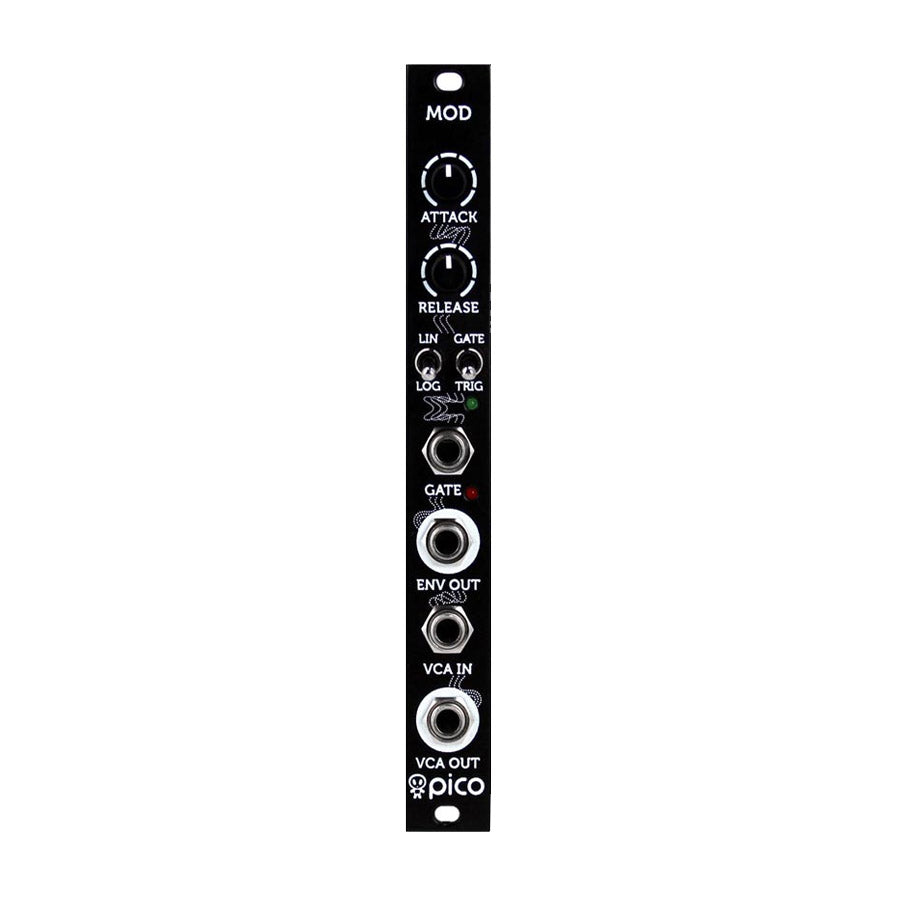 Black eurorack synthesizer module with knobs, switches, and jack connectors labeled for modulation and envelope control.