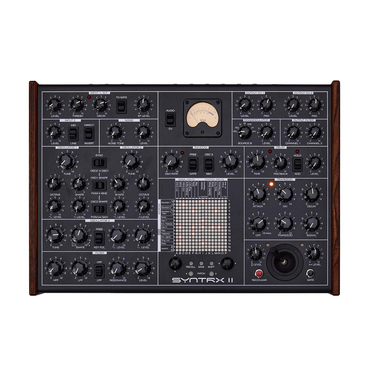 Top-down view of a black Erica Synths SYNTRX II synthesizer with multiple knobs, switches, a joystick, and a VU meter.