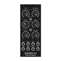 Black eurorack module with rotary knobs, toggle switches, and multiple 6.35mm jacks labeled for stereo effects control.
