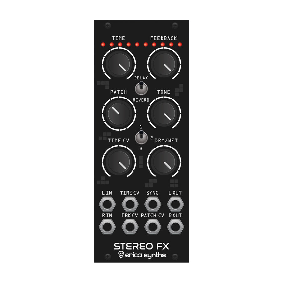 Black eurorack module with rotary knobs, toggle switches, and multiple 6.35mm jacks labeled for stereo effects control.