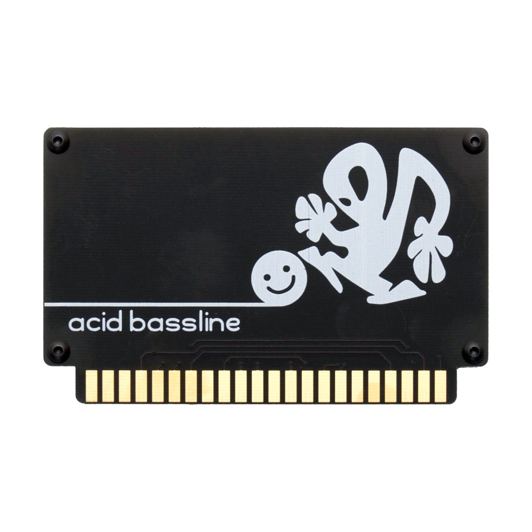 Black circuit board with gold edge connector and white graphic of a creature playing with a smiley face ball labeled 'acid bassline'.