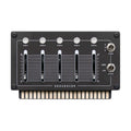 Black sequencer voice card with five sliders, five buttons, and two toggle switches on front panel with edge connector.
