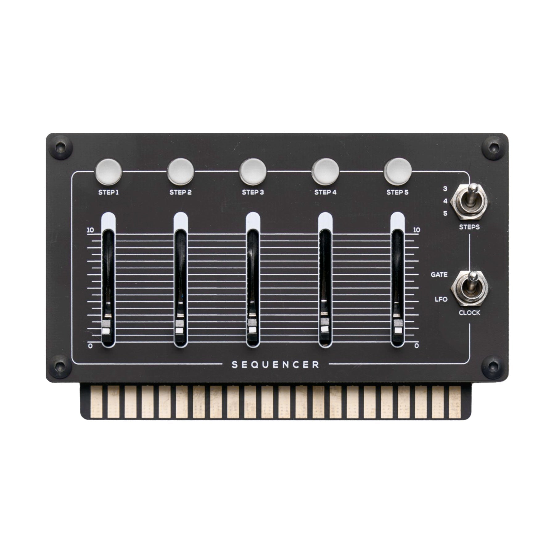 Black sequencer voice card with five sliders, five buttons, and two toggle switches on front panel with edge connector.