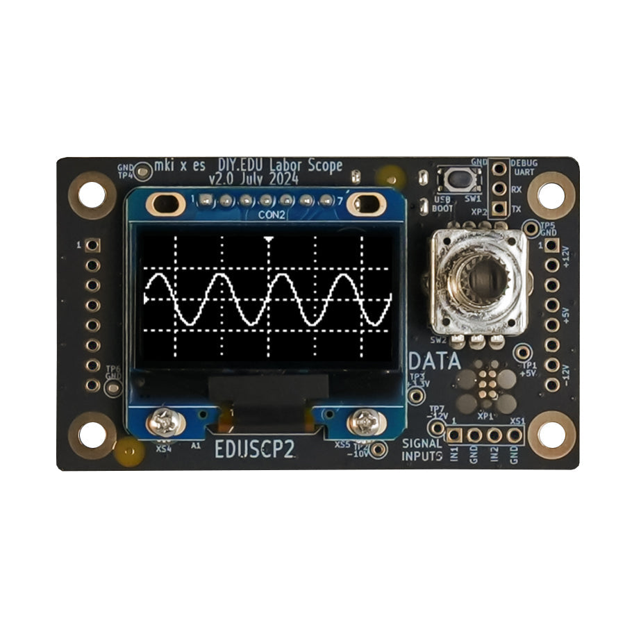 Electronic circuit board with display showing waveforms and multiple connectors and controls.